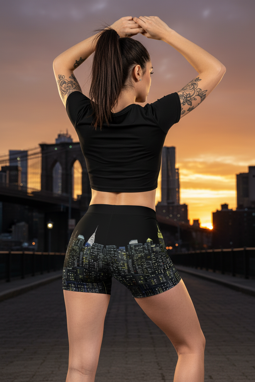 Person in athletic wear stretching with Loria NYC Art city skyline shorts and sunset in the background