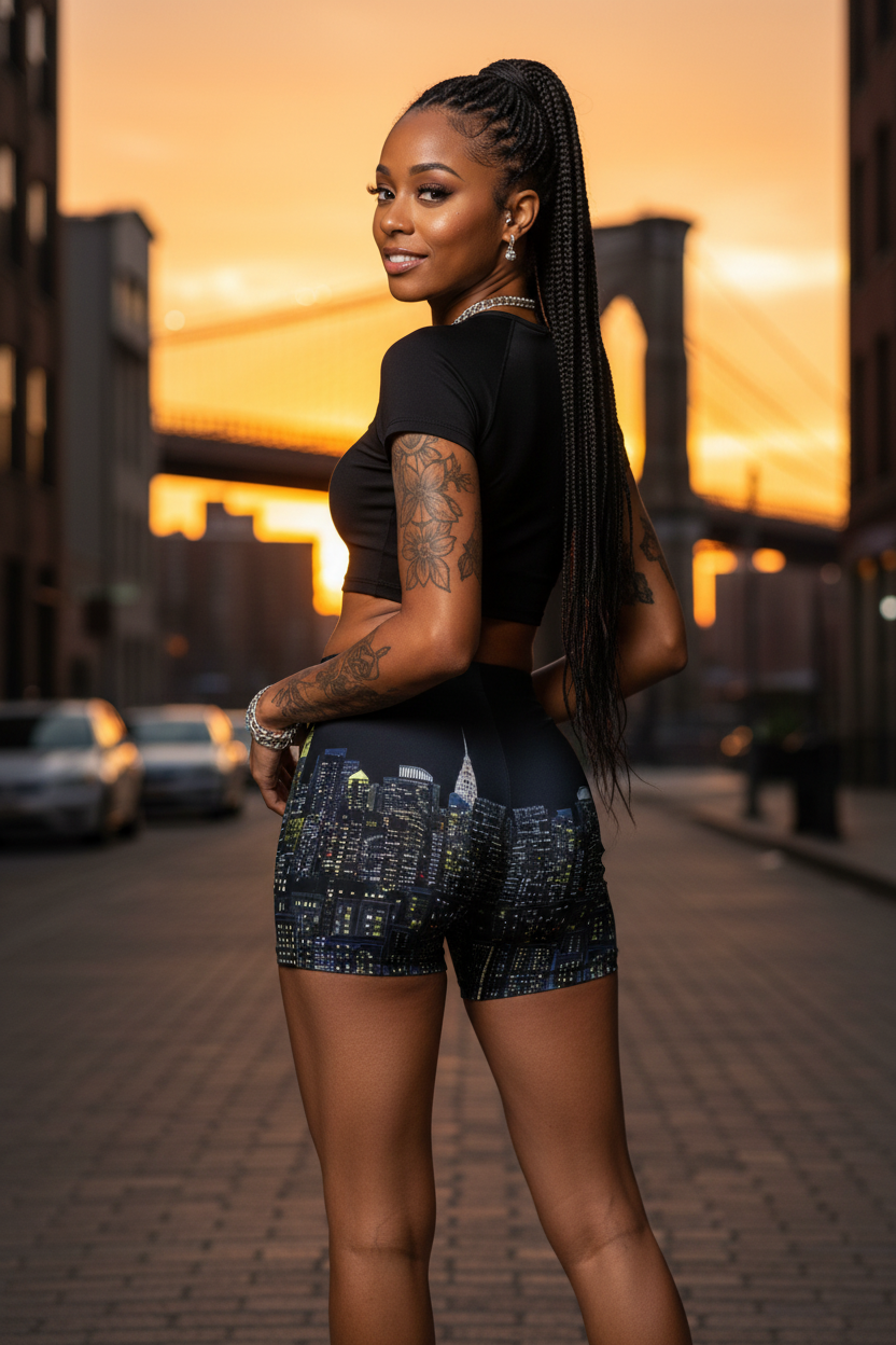 Woman in athletic Loria NYC Art wear standing on a city street at sunset