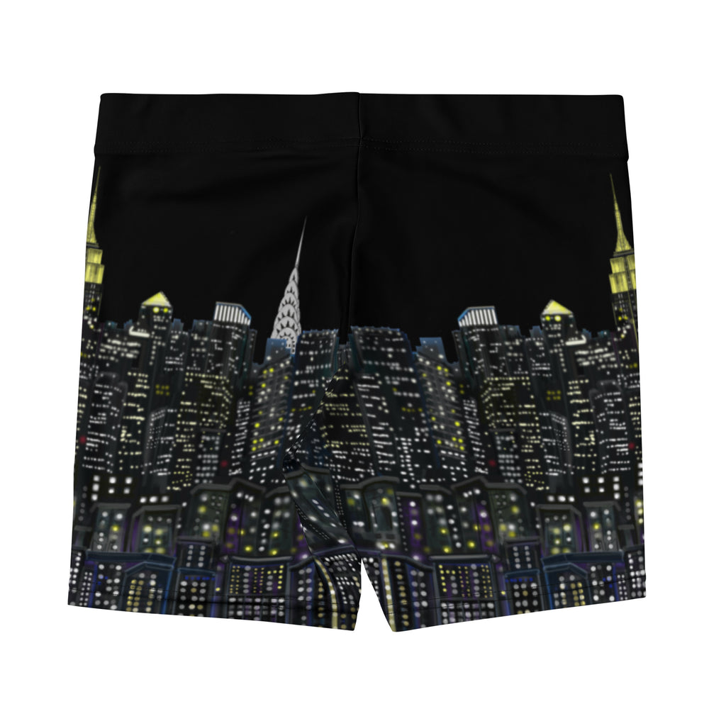 Black shorts with a cityscape Loria NYC Art design on a white background