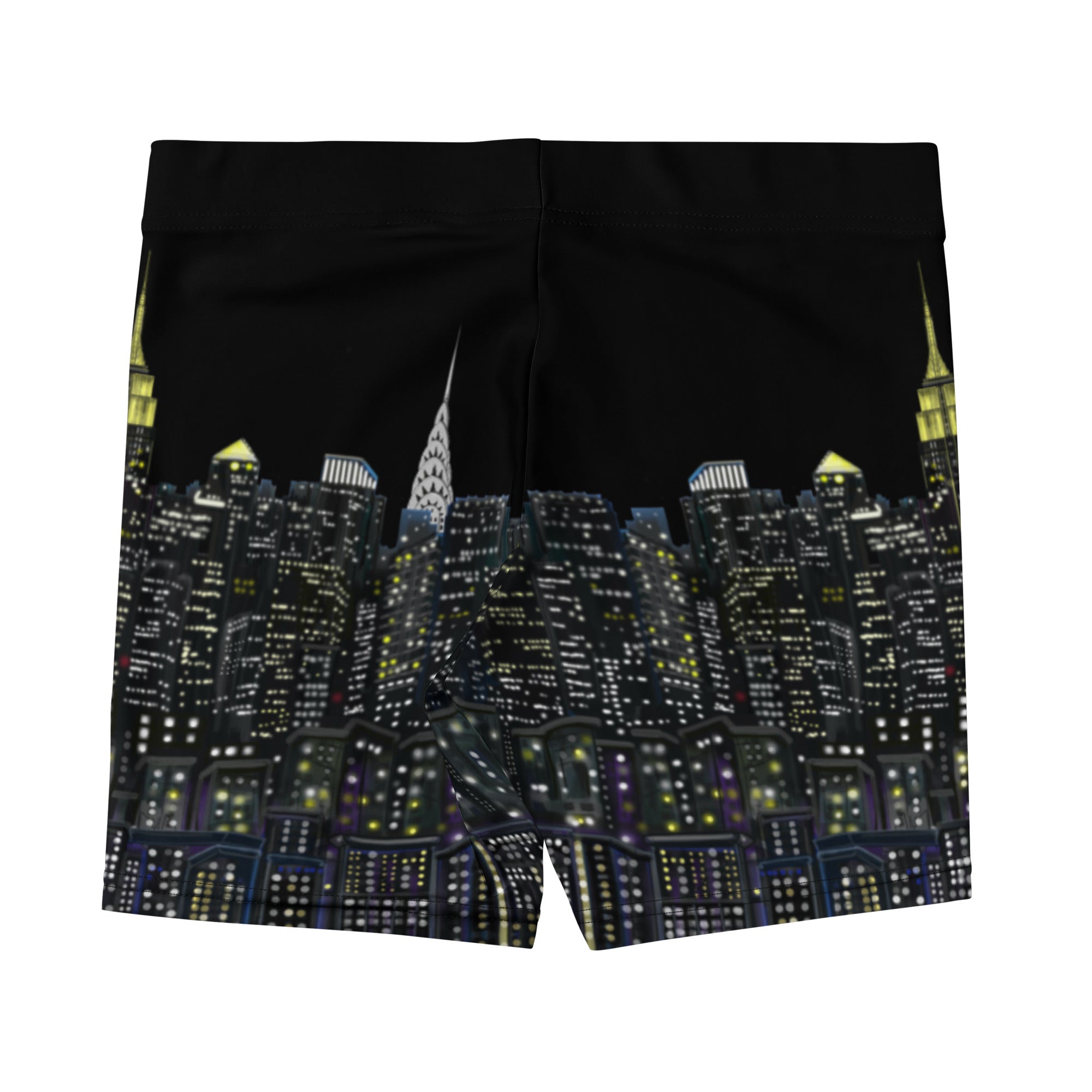 Black shorts with a cityscape Loria NYC Art design on a white background