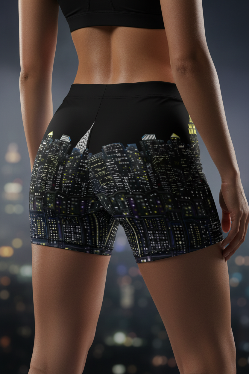 Person wearing black athletic Loria NYC Art  shorts with cityscape design against a blurred city lights background 