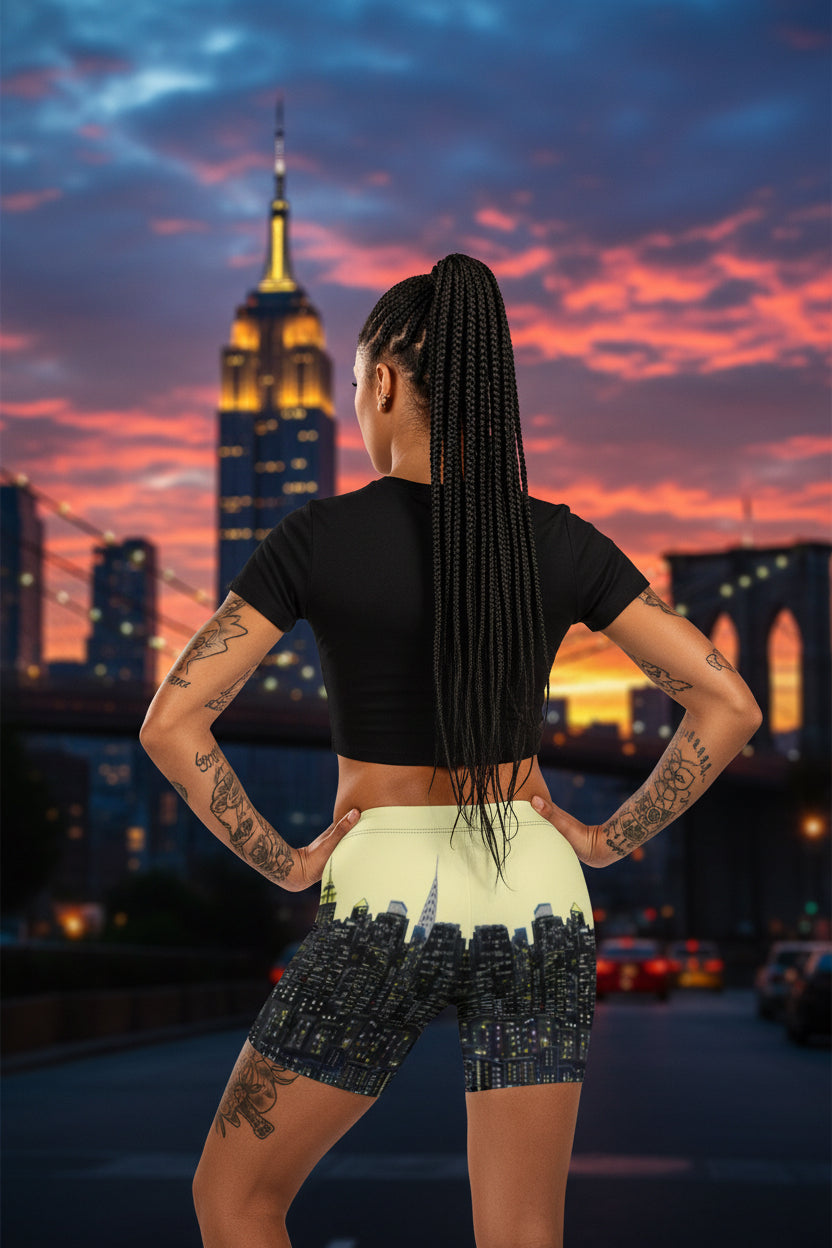 Person wearing a pair of shorts with a Loria NYC Art skyline design on a urban background