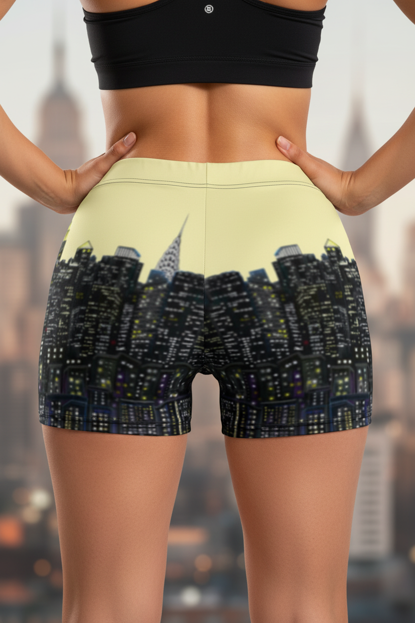 Person wearing Loria NYC Art shorts with a cityscape design against a blurred city background