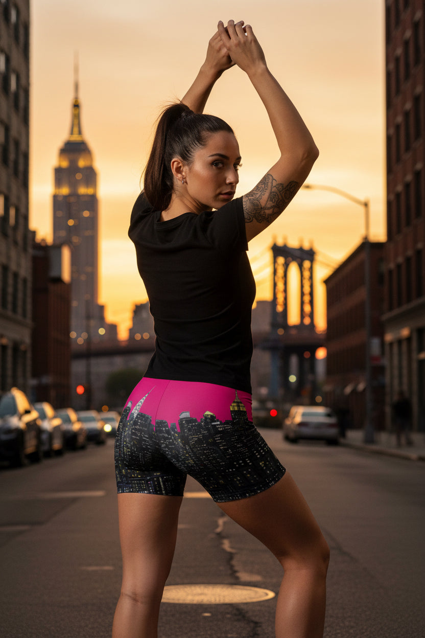 Person wearing pink shorts with a cityscape Loria NYC Art design on a white background
