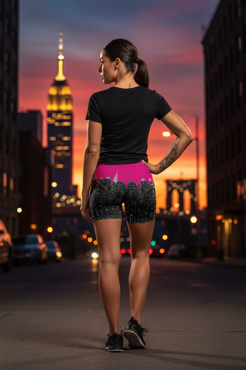Person wearing shorts with a Loria NYC Art cityscape design on a urban background