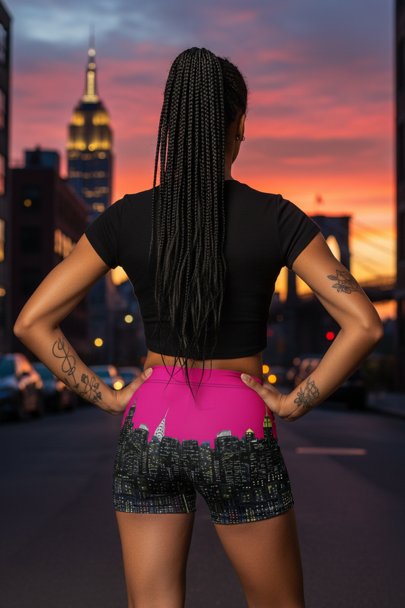 Person wearing athletic wear with cityscape Loria NYC Art design, standing against a city skyline at sunset.