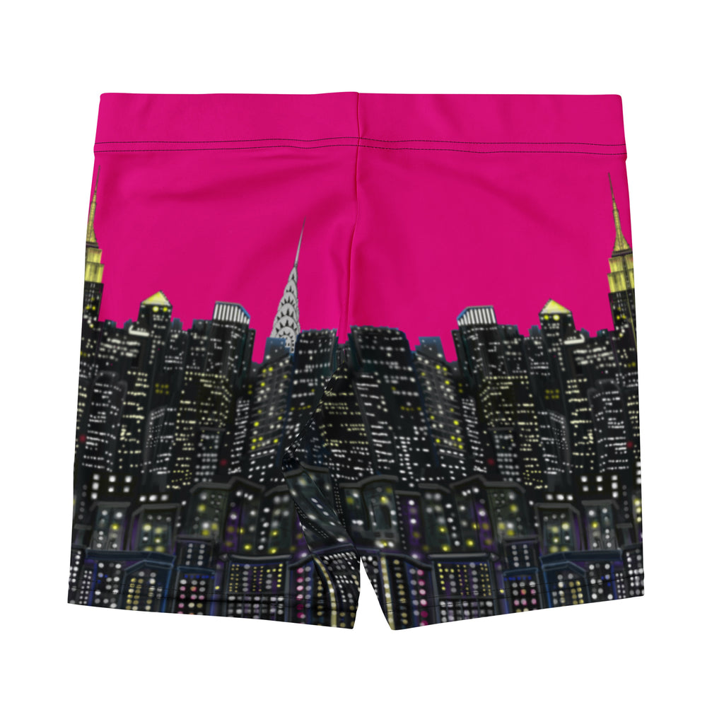 Shorts with a cityscape Loria NYC Art design on a pink background