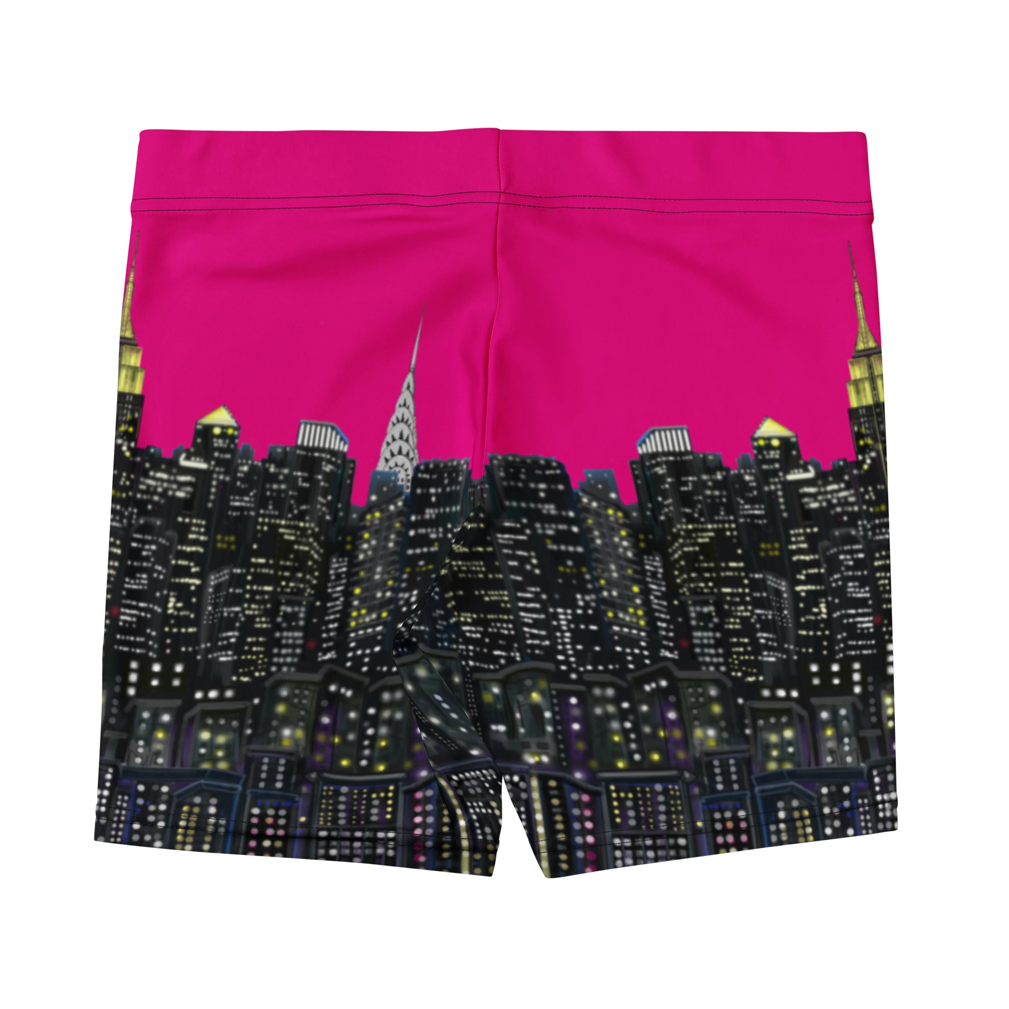 Shorts with a cityscape Loria NYC Art design on a pink background