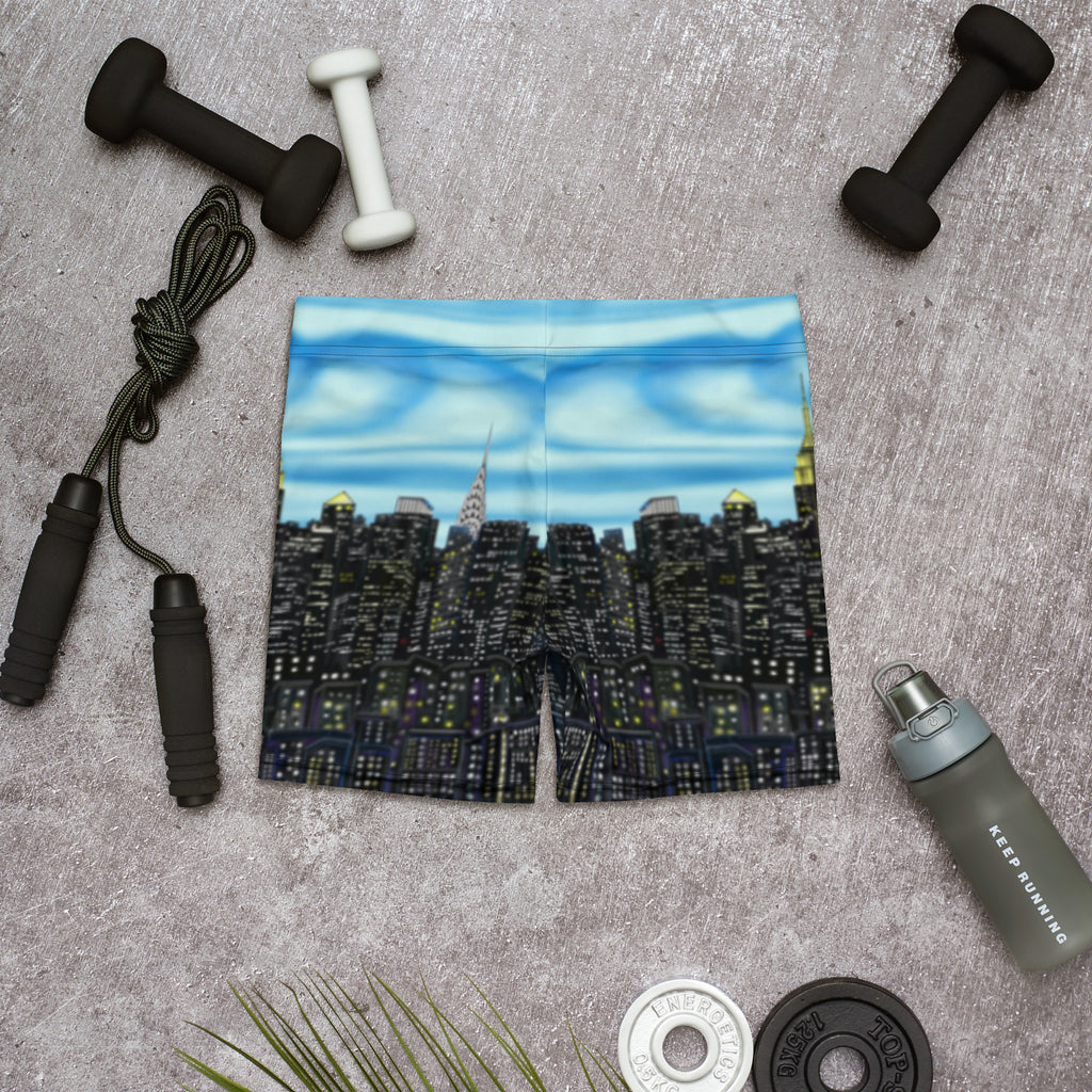 Cityscape design Loria NYC Art shorts with fitness equipment on a gray surface