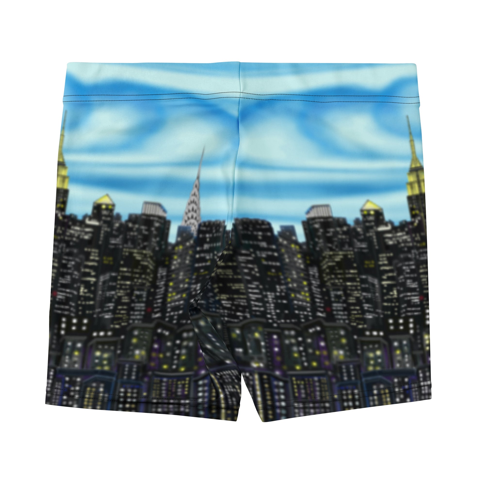 Loria NYC Art with a cityscape design featuring tall buildings and a blue sky.