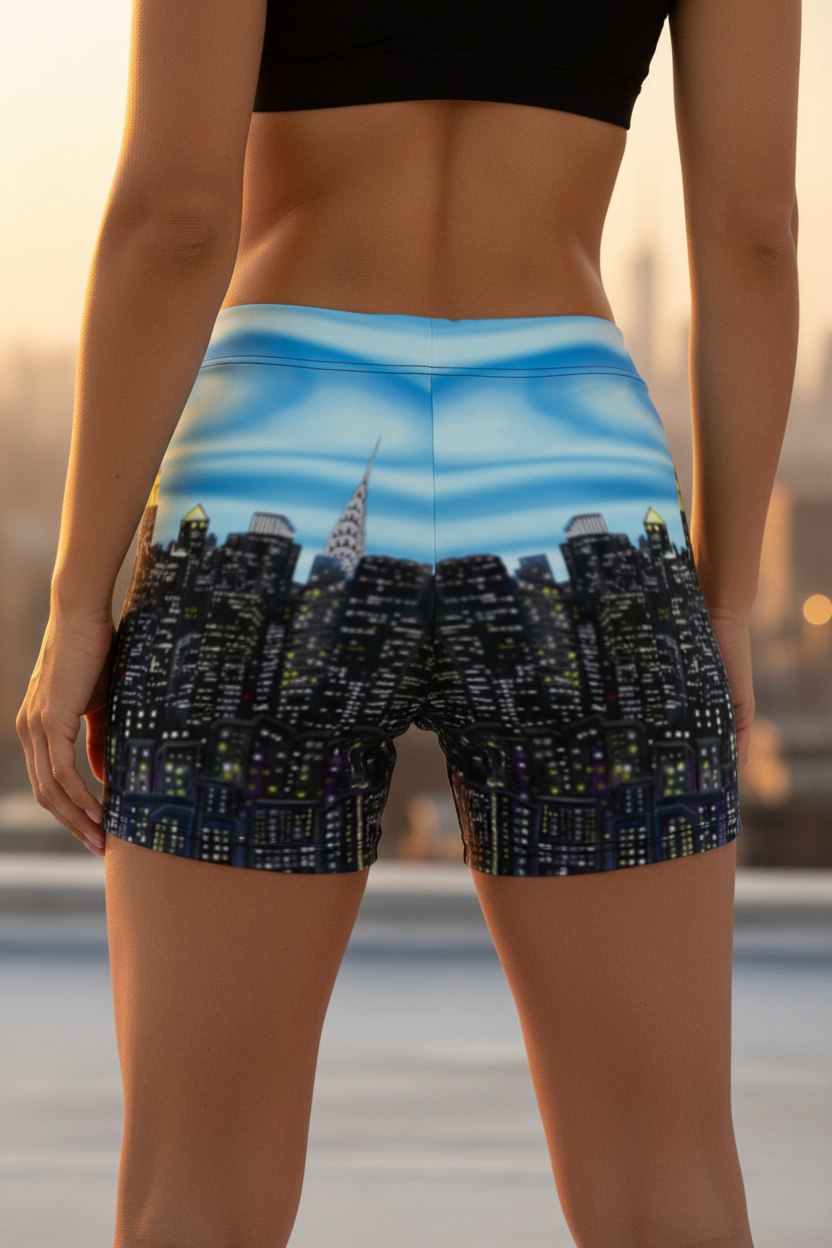 Person wearing Loria NYC Art shorts with a cityscape design at sunset.