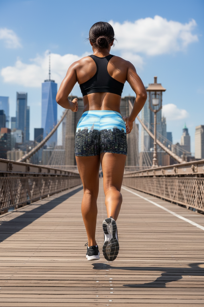 Person wearing Loria NYC Art shorts running on a bridge with a city skyline in the background
