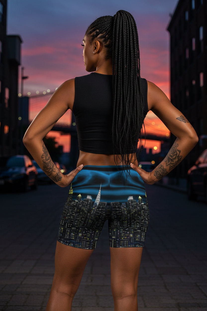 Person wearing blue Loria NYC Art shorts with a cityscape design on a urban background