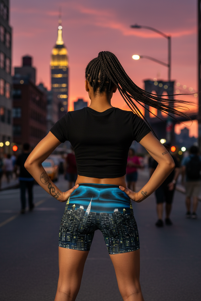 Person wearing black crop top and blue shorts Loria NYC Art cityscape design, standing on a street at sunset.