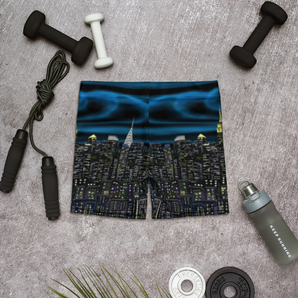 Cityscape Loria NYC Art design shorts with fitness equipment on a gray surface