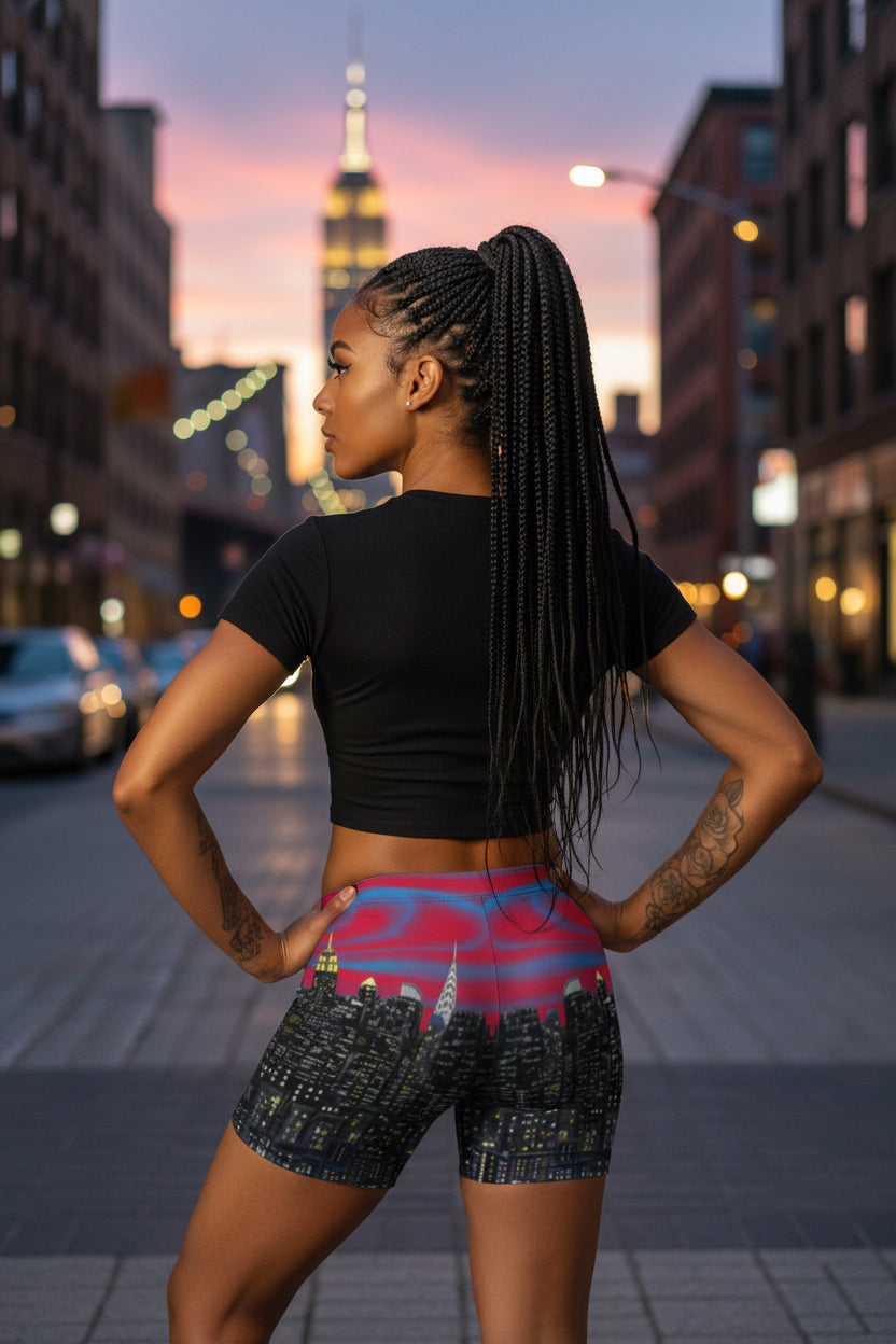 Person wearing colorful athletic shorts with a cityscape Loria NYC Art design on a urban background