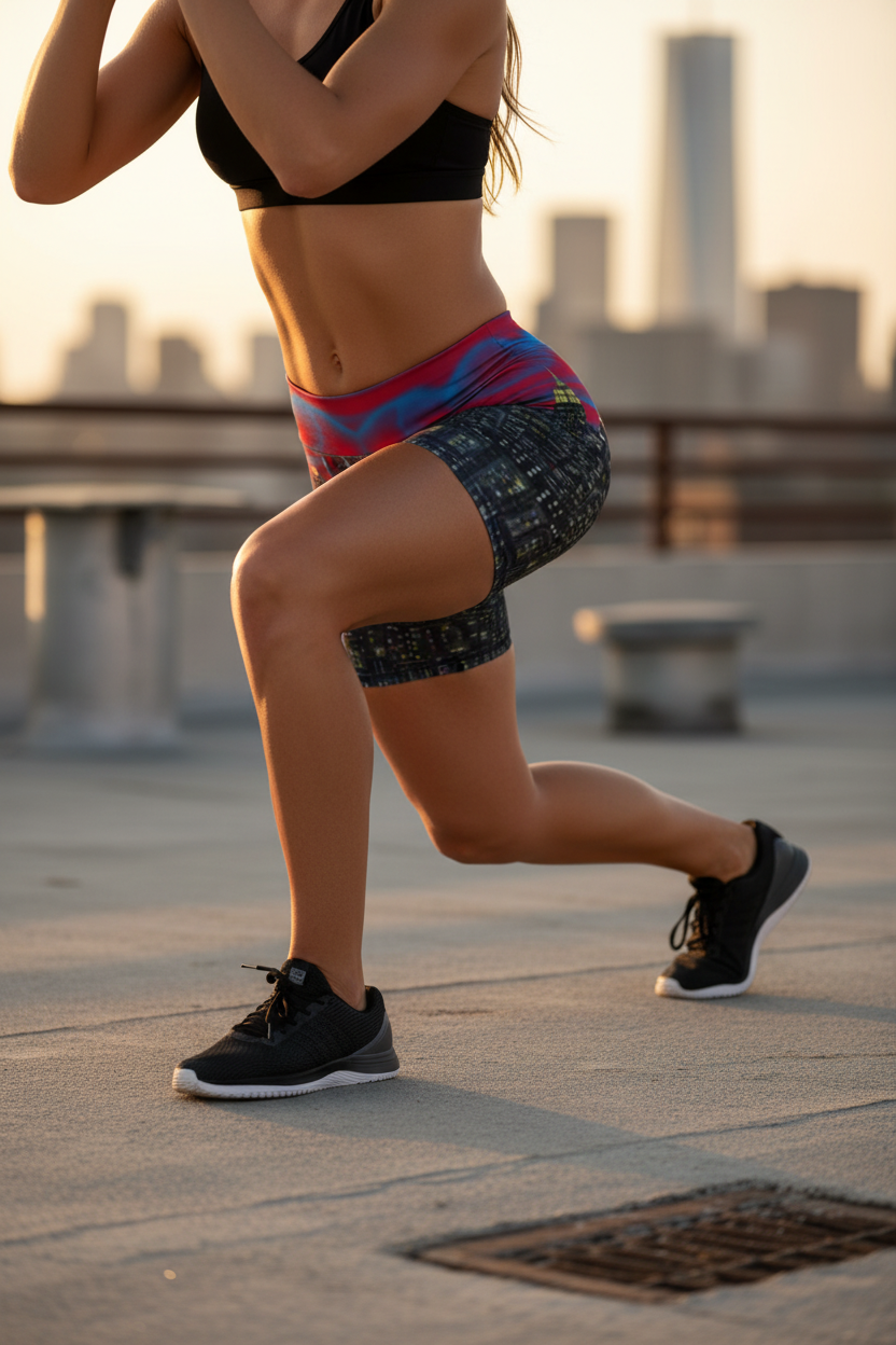 Girl exercising wearing Loria NYC Art shorts outside on a roof.
