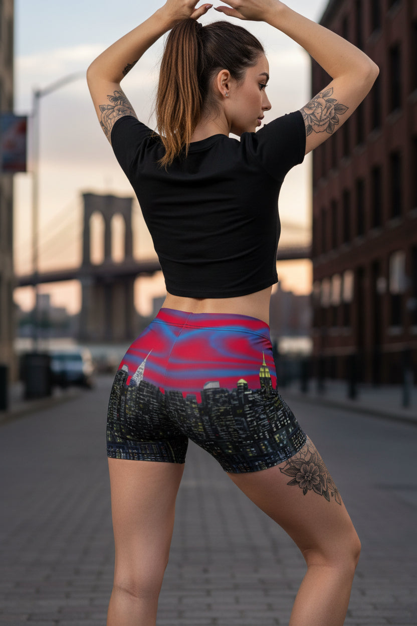 Person wearing shorts with a Loria NYC Art cityscape design on a urban background