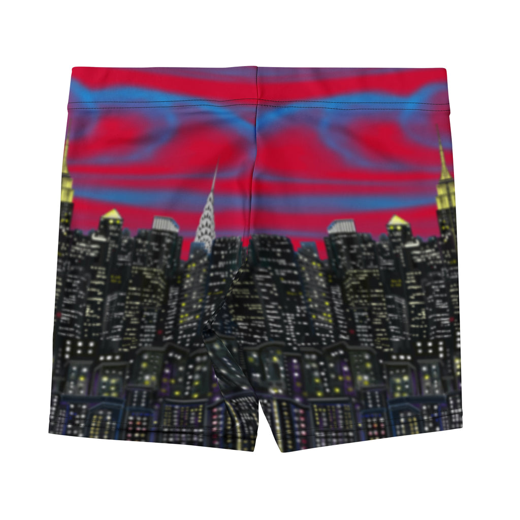 Boxer briefs with a cityscape Loria NYC Art design featuring a red sky and tall buildings.
