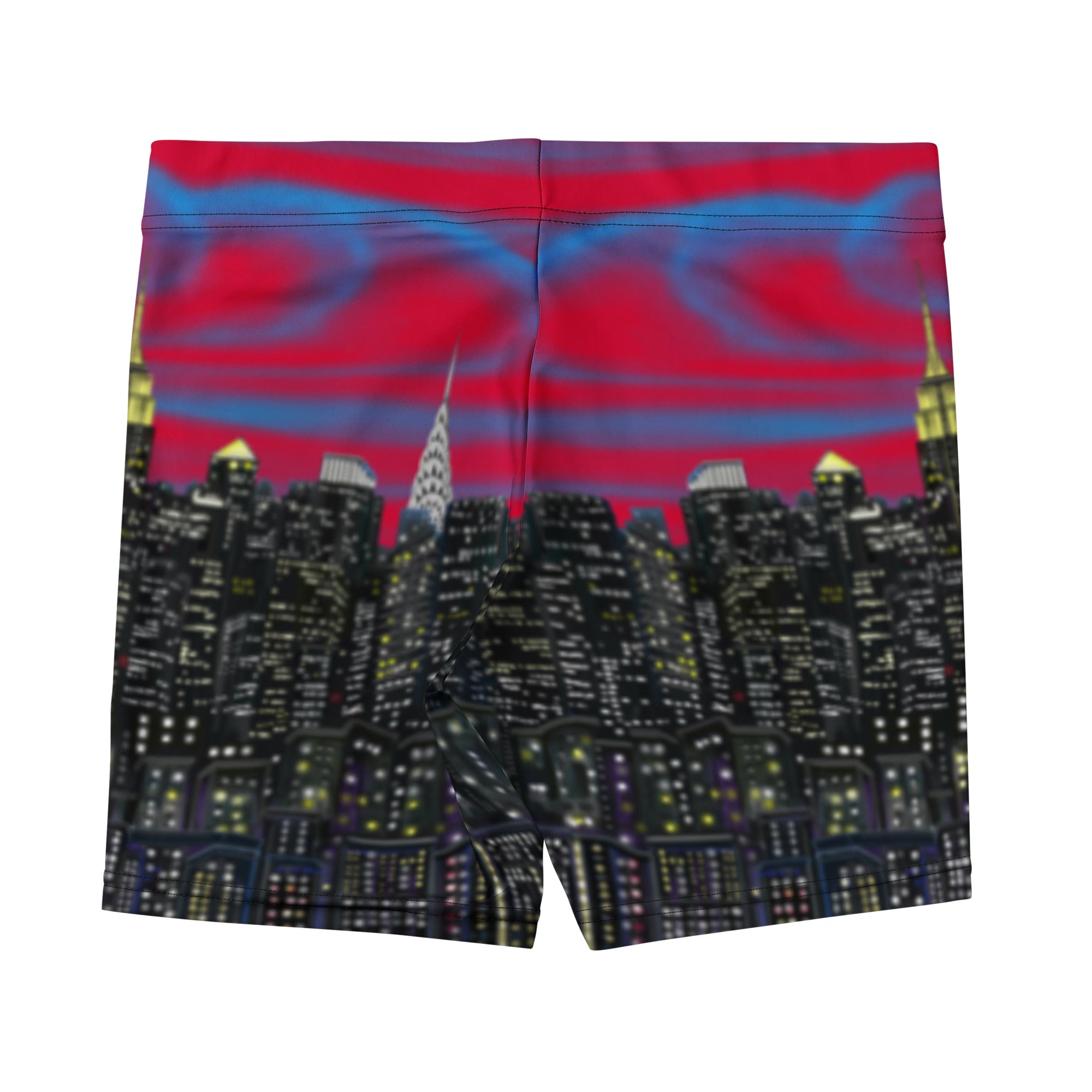 Boxer briefs with a cityscape Loria NYC Art design featuring a red sky and tall buildings.