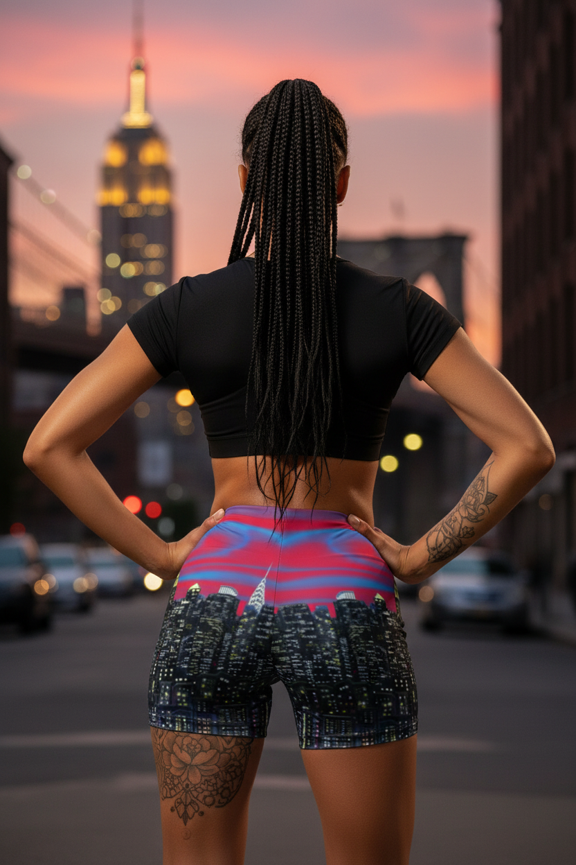 Person wearing athletic Loria NYC Art wear with a cityscape and sunset in the background