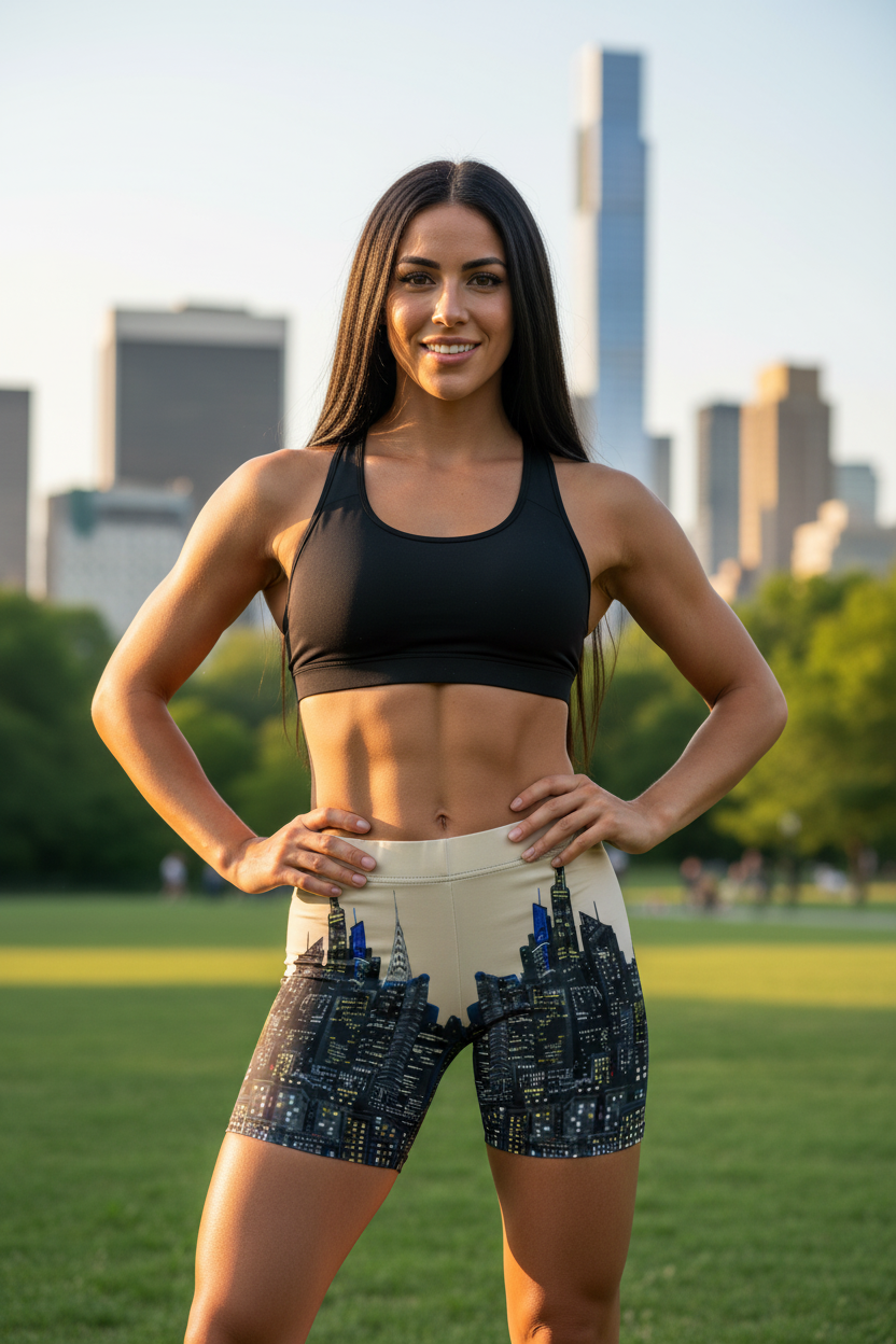 Woman in Loria NYC Art athletic wear standing in a park with city skyline in the background