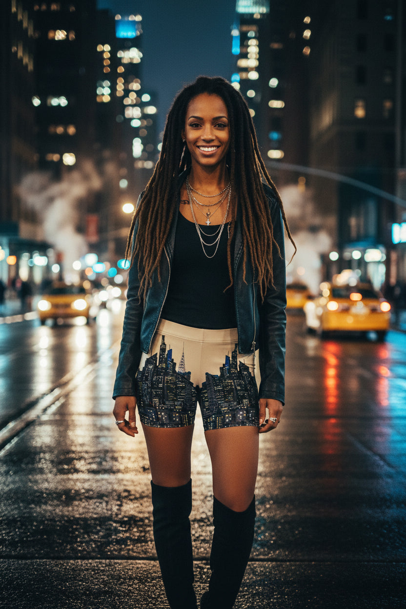 Person wearing shorts with a cityscape Loria NYC Art design on a urban background 