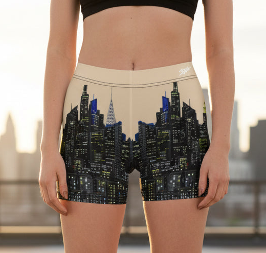 Person wearing shorts with a Loria NYC Art cityscape design on a blurred background