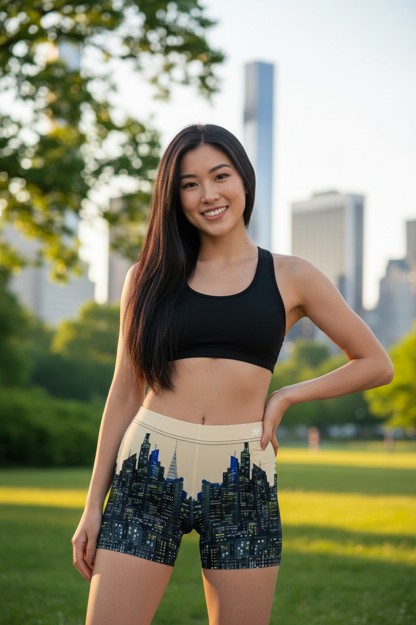 Woman in Loria NYC Art shorts athletic wear standing in a park with city skyline in the background