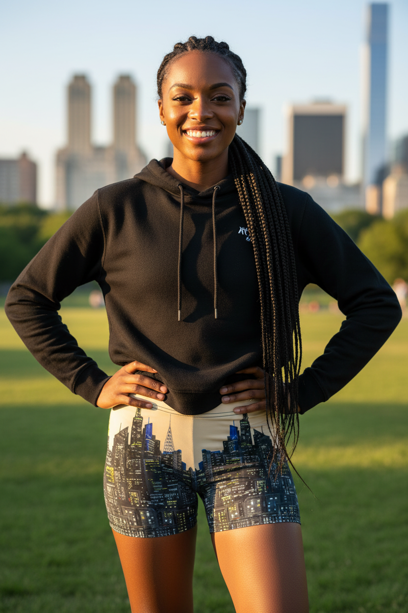 Woman wearing a black hoodie and Loria NYC Art shorts standing in a park with city skyline in the background