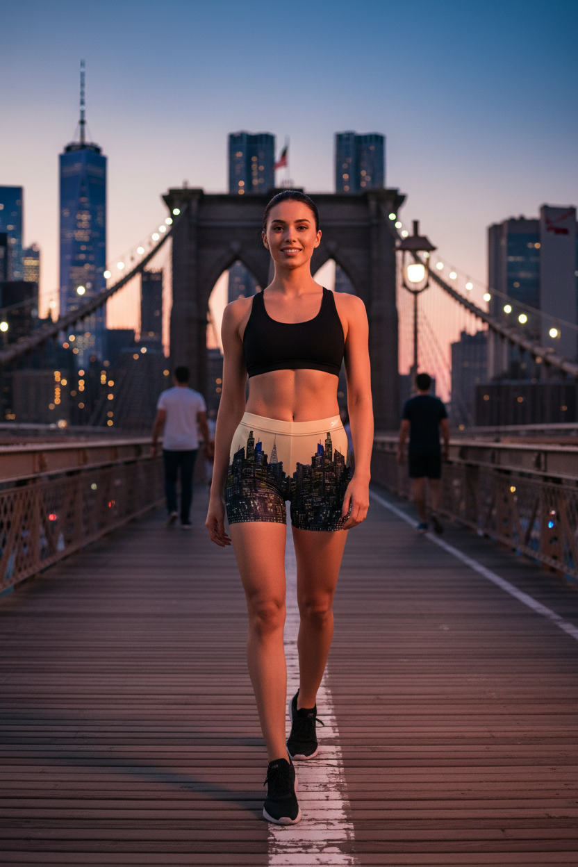 Woman wearing Loria NYC Art shorts walking on a bridge with city skyline in the background 