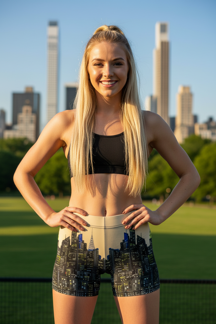 Woman wearing athletic wear with cityscape Loria NYC Art design in a park setting