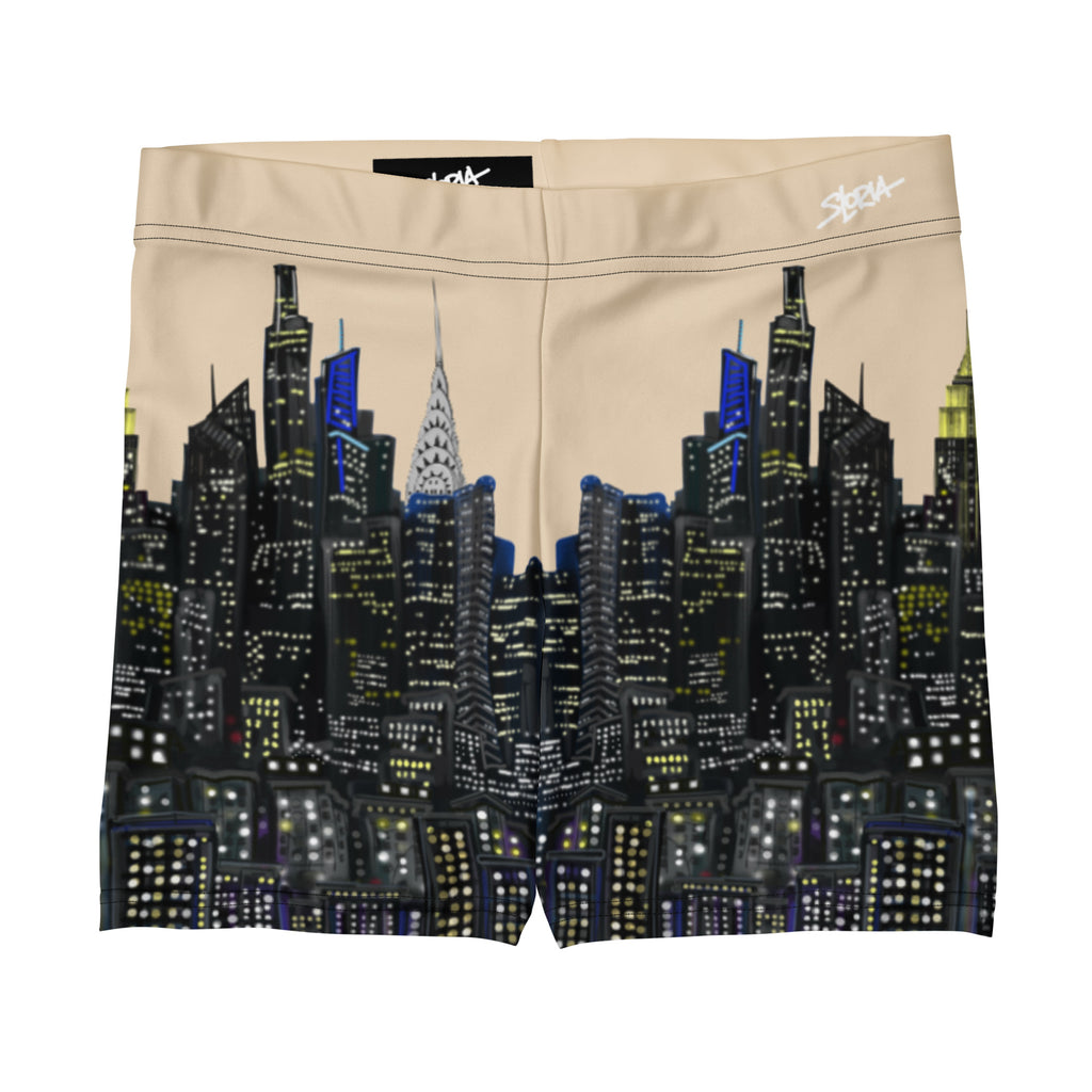Boxer briefs with a Loria NYC Art cityscape design on a beige background