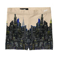 Boxer briefs with a Loria NYC Art cityscape design on a beige background