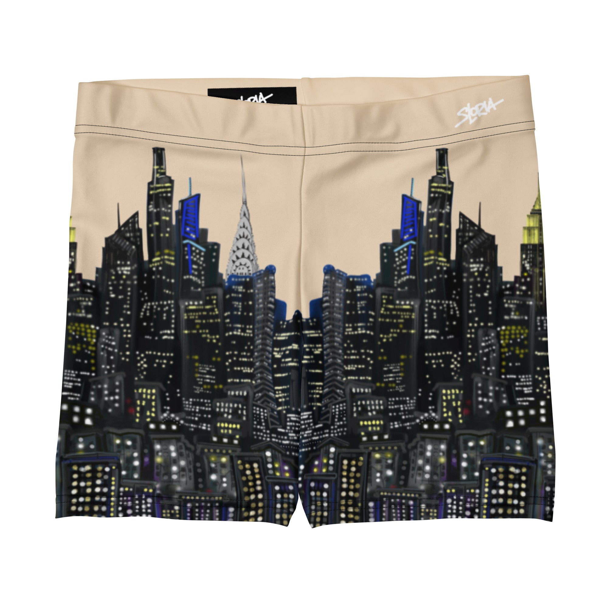 Boxer briefs with a Loria NYC Art cityscape design on a beige background