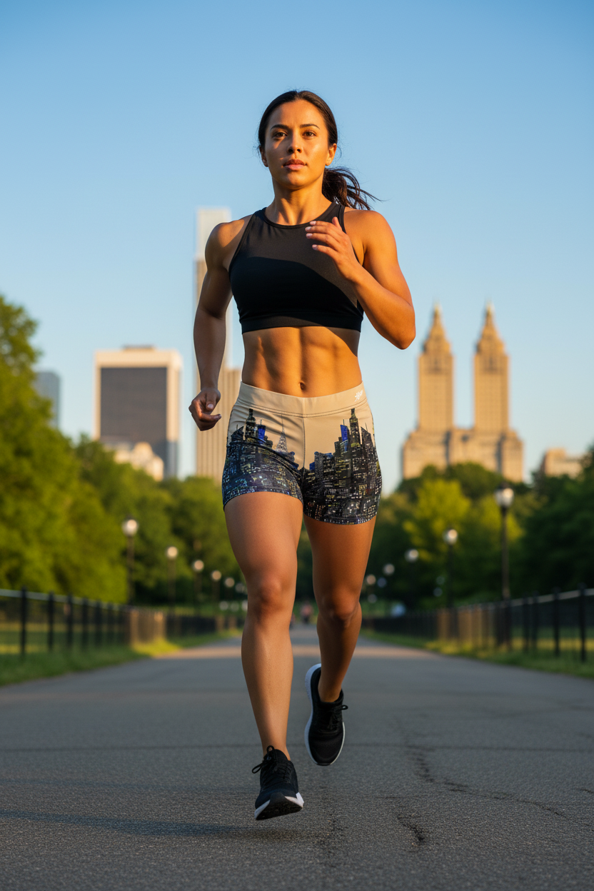Woman wearing Loria NYC Art shirts running on a path with city skyline in the background