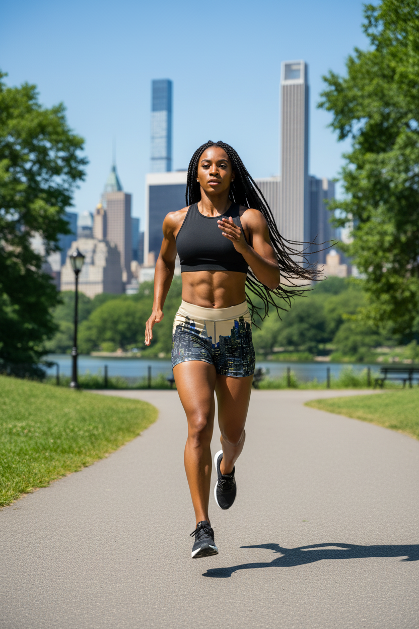 Woman wearing Loria NYC Art shorts running on a path with a city skyline in the background