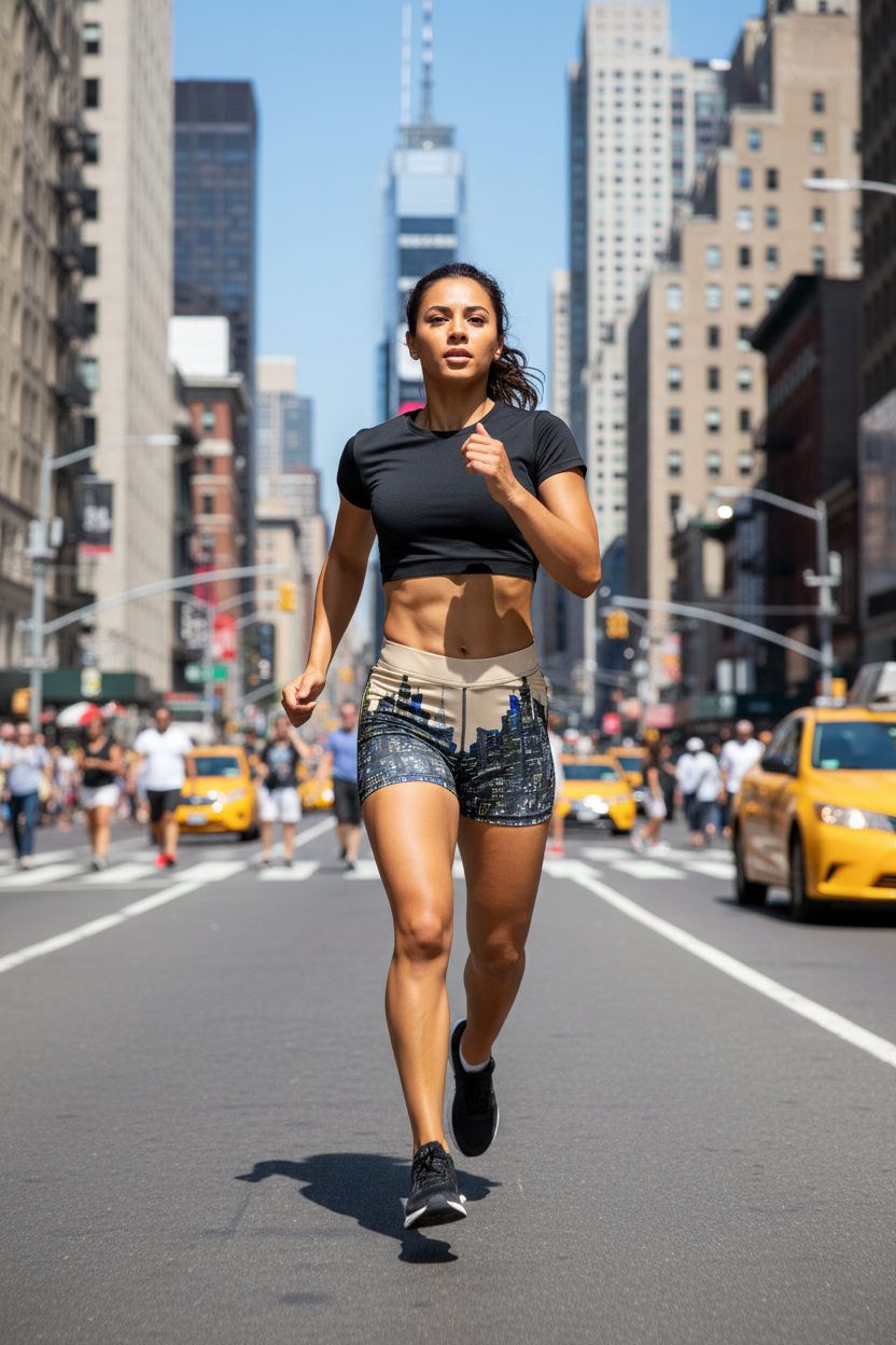 Woman wearing Loria NYC Art shorts  running on a city street with tall buildings and yellow taxis in the background
