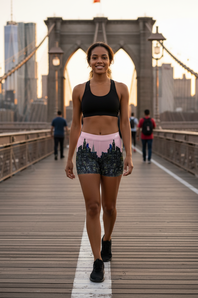 Woman in athletic Loria NYC Art wear standing on a bridge with a cityscape background