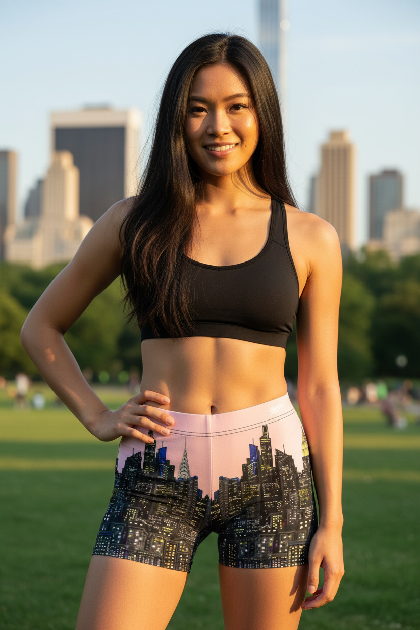 Woman wearing athletic wear with a cityscape Loria NYC Art design in an outdoor setting with skyline in the background