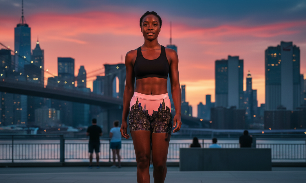 Female standing in  pink Loria NYC Art shorts with a city skyline background at sunset.