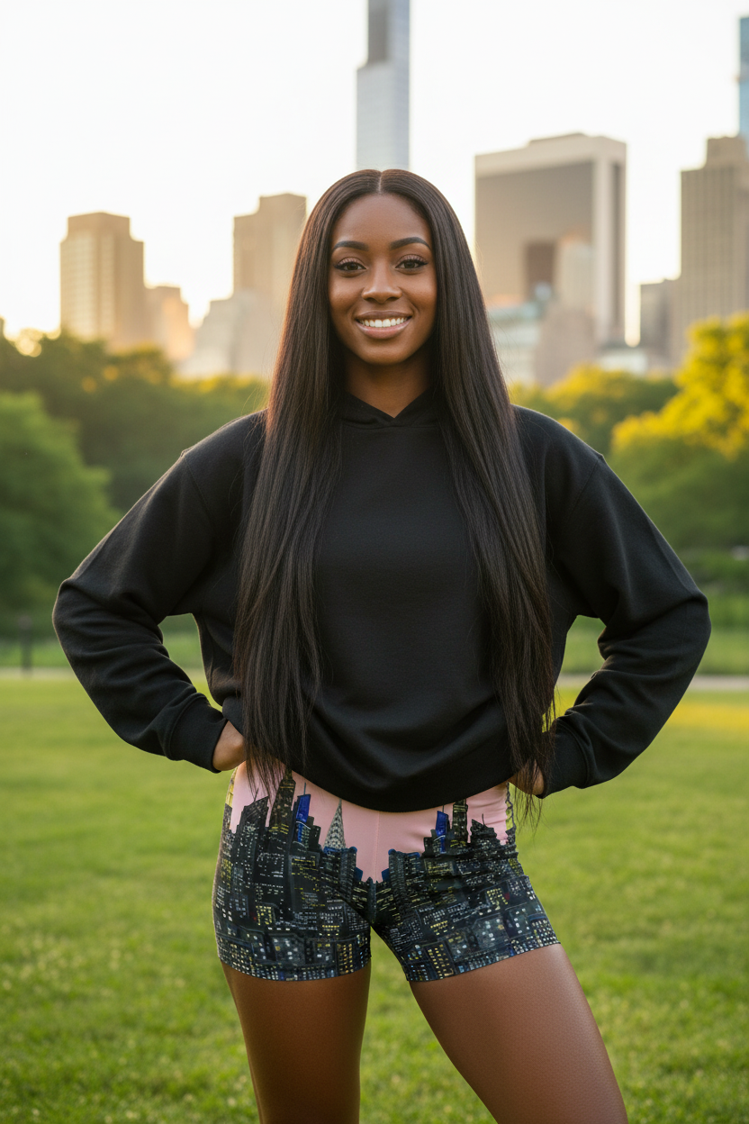 Woman wearing pink Loria NYC Art shorts standing on grass with a city skyline in the background