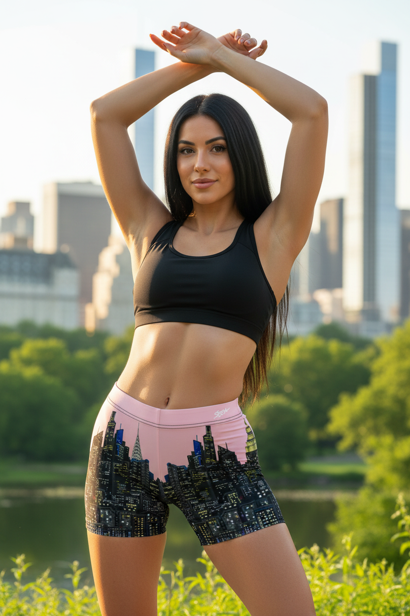 Woman wearing pink Loria NYC Art shorts athletic wear stretching outdoors with city skyline in the background