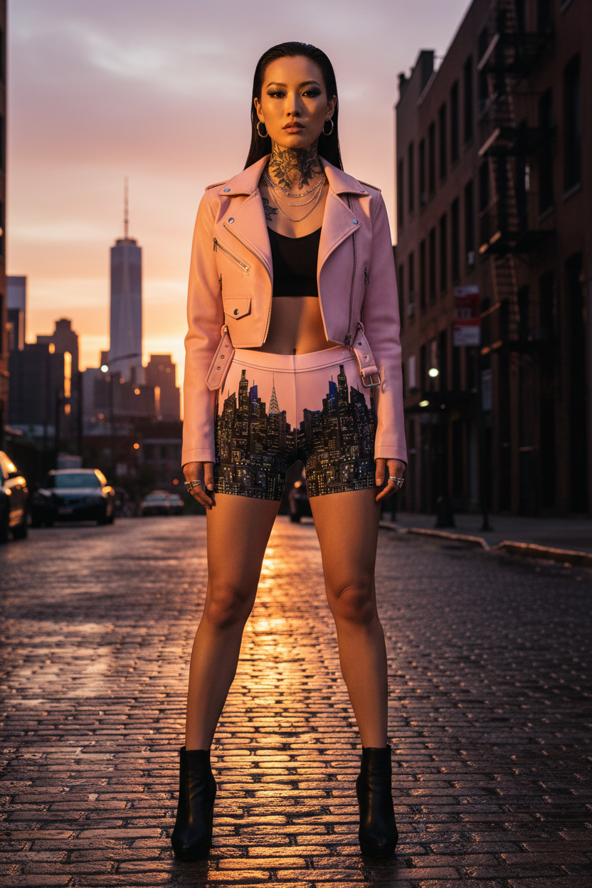 Woman in a stylish Loria NYC Art outfit standing on a city street at sunset.
