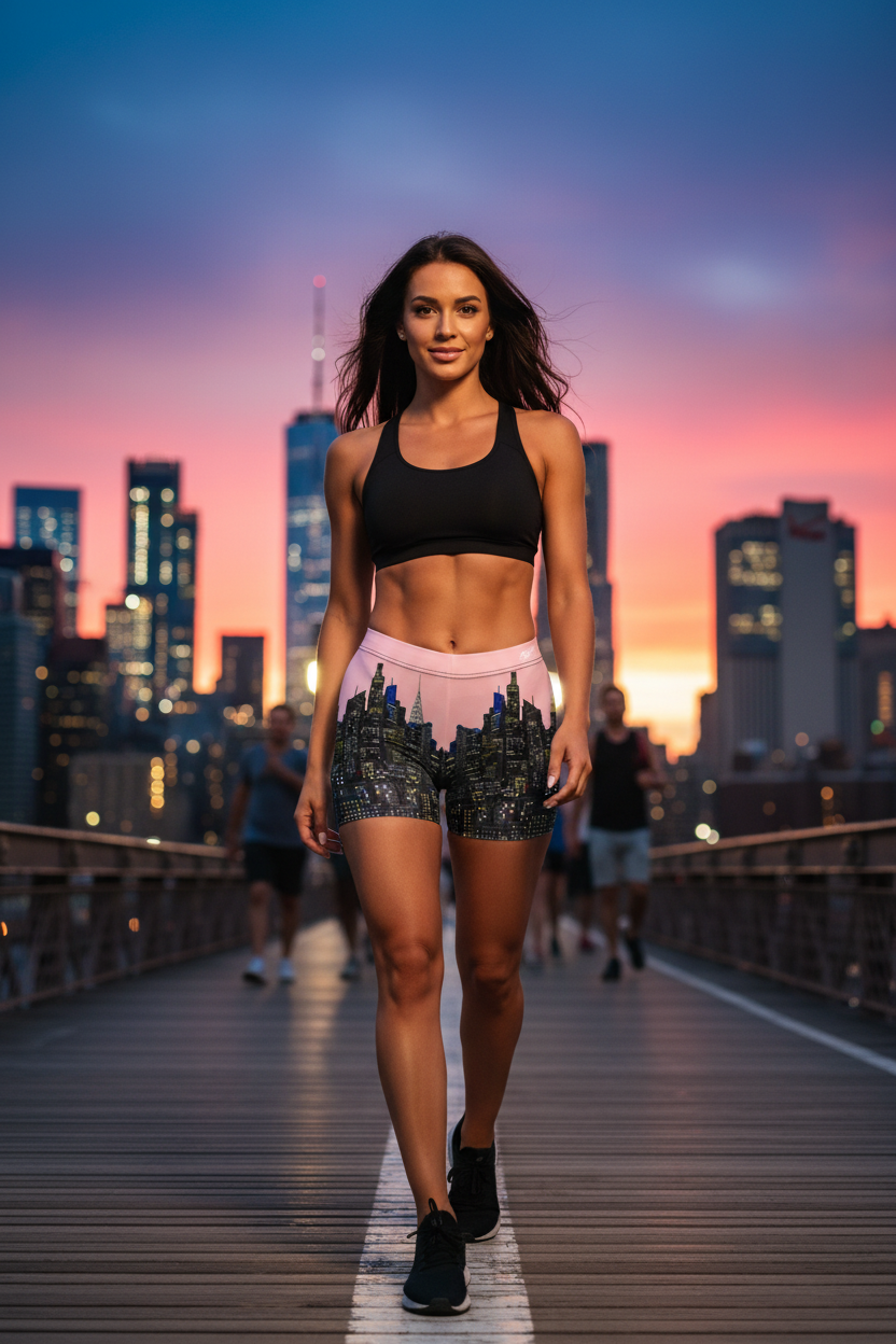 Woman in Loria NYC Art athletic wear walking on a bridge with a city skyline at sunset.