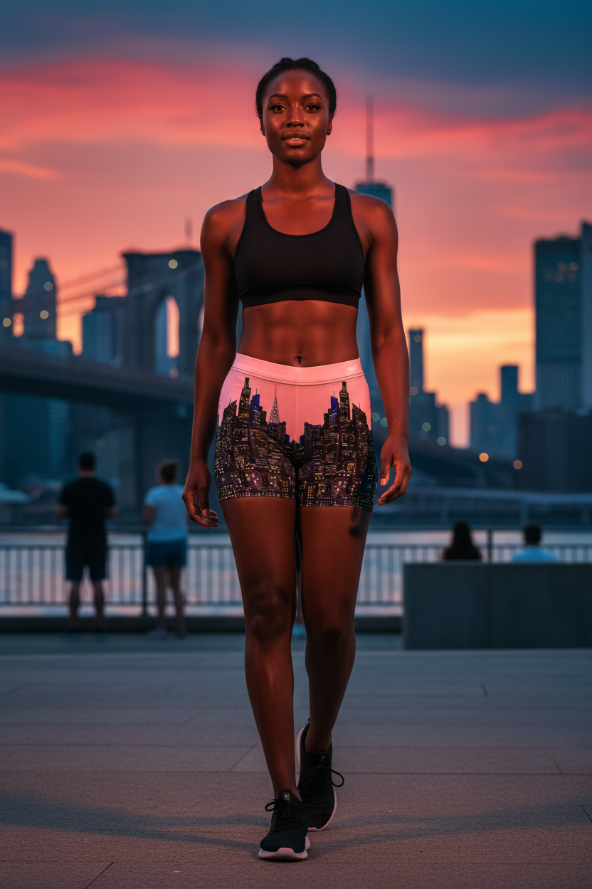 Person in Loria NYC Art athletic wear standing in front of a city skyline at sunset