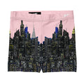 Pink shorts with a Loria NYC Art skyline design on a white background