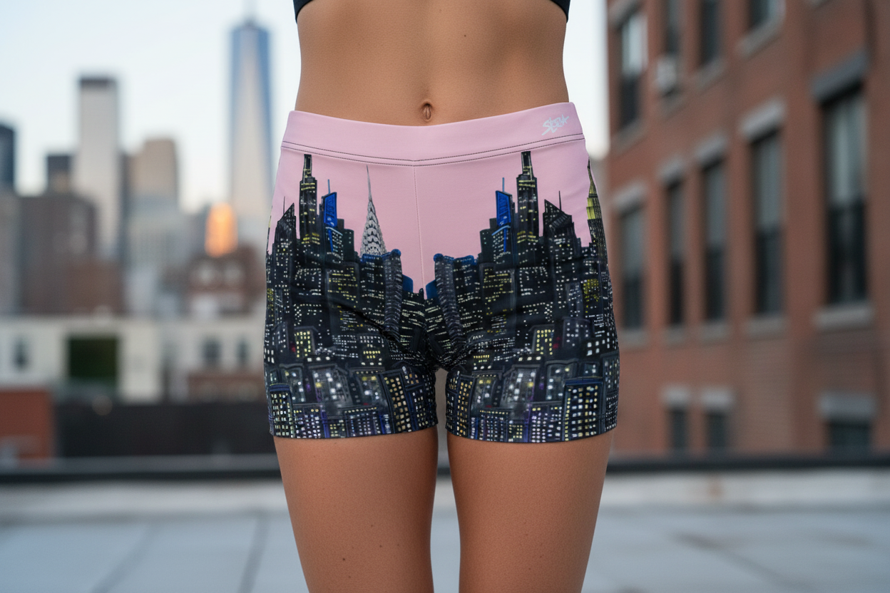 Person wearing pink shorts with a cityscape Loria NYC Art design in an urban setting