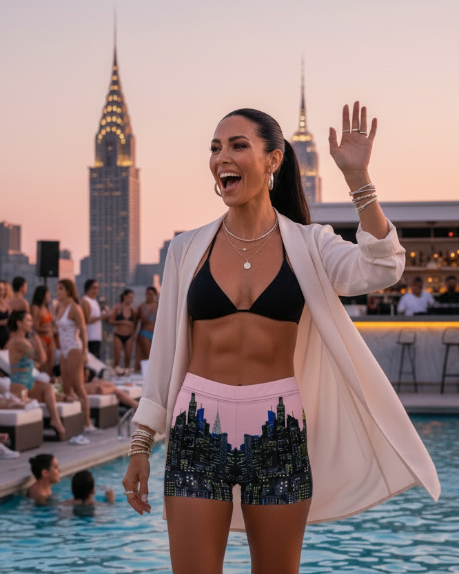 Woman in Loria NYC Art shorts, swimwear and cardigan by a pool with city skyline in the background