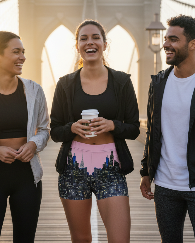 Lady wearing pink cityscape Loria NYC Art shorts with Three friends  on a bridge, enjoying each other's company.